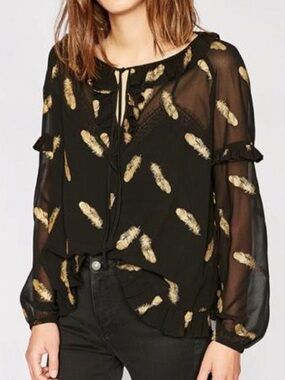 The Kooples Golden Feather Boho Sheer Top Size Medium